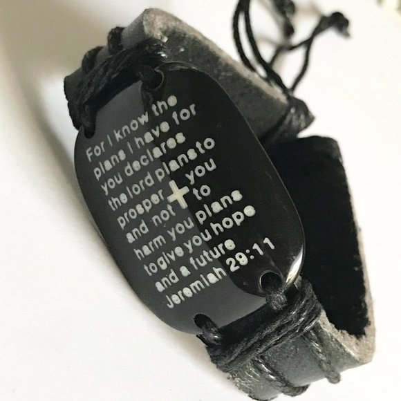 Jeremiah 29:11 Bible Verse Message Bracelet Mens Womens Black Leather Rope - Picture 4 of 11